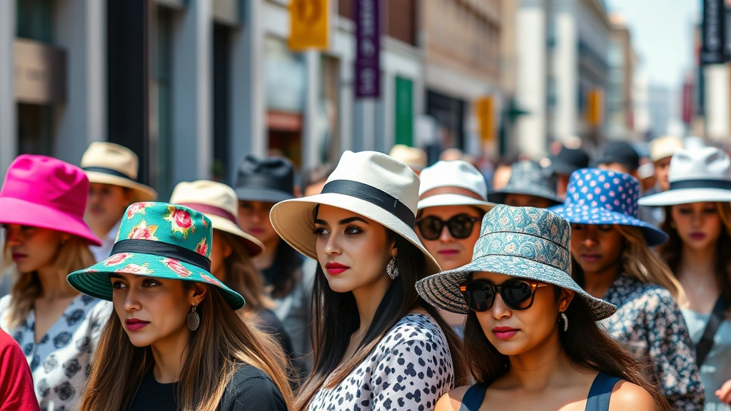 Diverse group of people wearing various statement hats including colorful bucket hats and patterned styles, vibrant urban setting, natural daylight, contemporary street style photography
