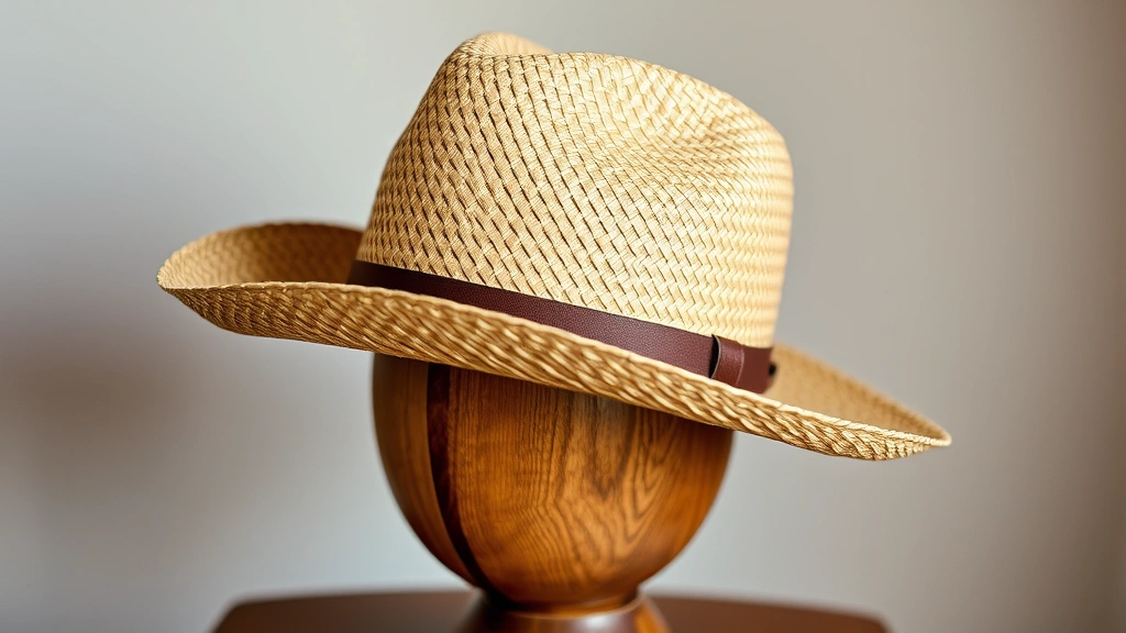 Vintage-inspired Panama hat displayed on wooden hat block, showcasing intricate hand-woven details and natural straw texture, soft studio lighting highlighting craftsmanship, fashion photography style