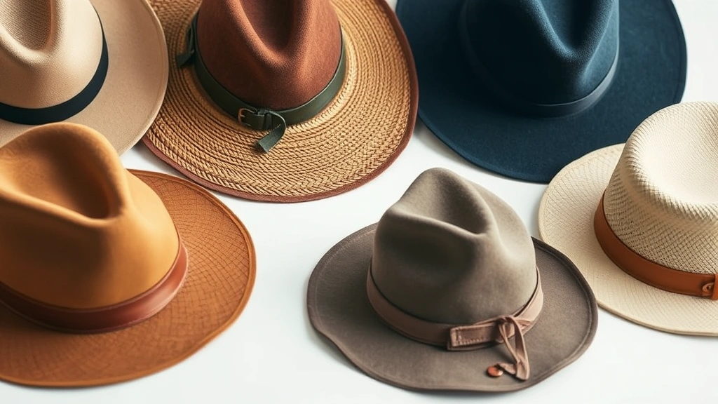 Close-up of luxury hat collection displaying textures and materials: felt, straw, leather, and sustainable fabrics, minimalist white background, professional product photography, artisanal craftsmanship