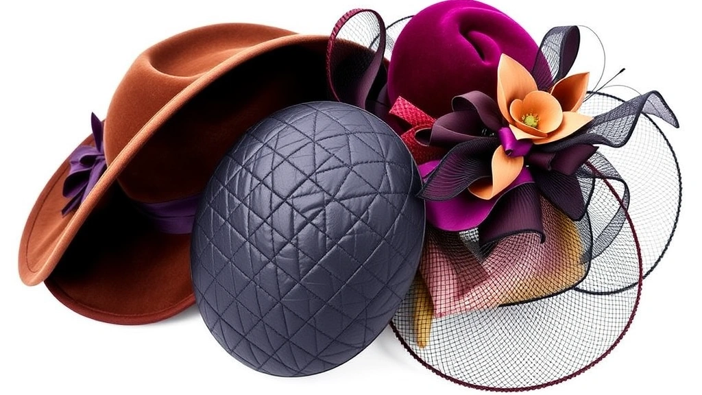Eclectic hat collection featuring oversized fedora, quilted velvet hat, and textured mesh fascinator in jewel tones and pastels arranged artfully, close-up detail shots showing material quality and design innovation