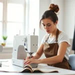 Professional fashion student working at sewing machine in bright modern studio with natural light, wearing apron, focused on garment construction, professional photography