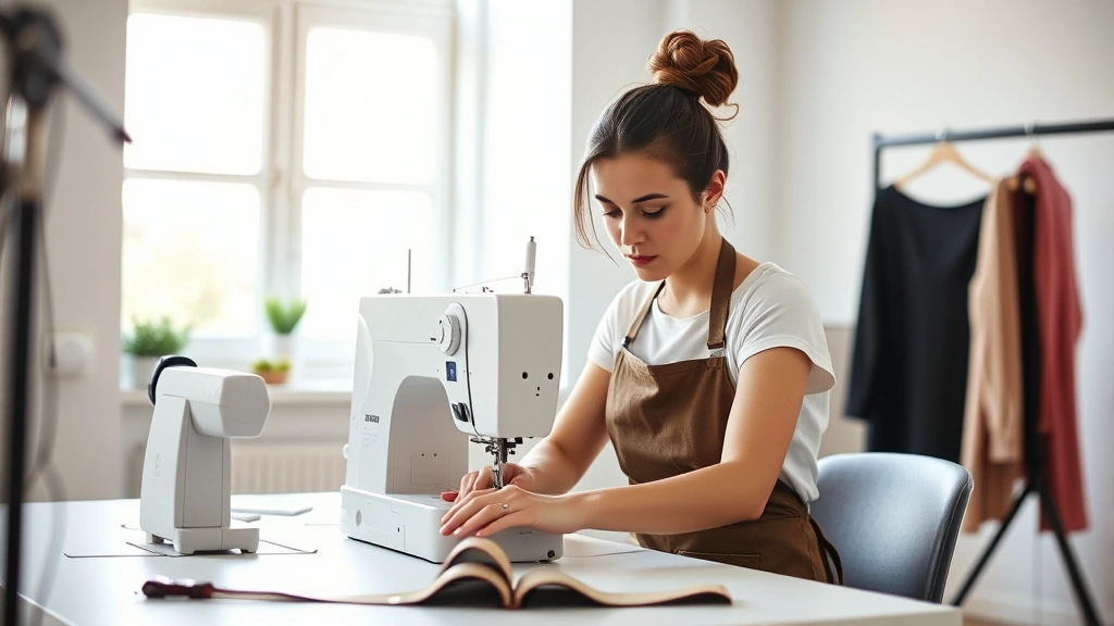 Professional fashion student working at sewing machine in bright modern studio with natural light, wearing apron, focused on garment construction, professional photography