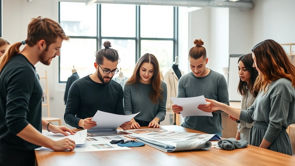 Diverse group of fashion students reviewing design sketches and fabric swatches at wooden table in contemporary classroom, natural daylight, collaborative atmosphere, realistic photography