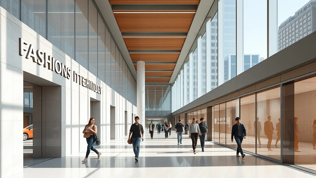 Fashion Institute of Technology Manhattan campus exterior or interior hallway with students walking, modern architecture, natural lighting, urban educational environment, photorealistic