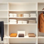 Minimalist fashion display featuring neutral clothing folded on white shelves, crisp white t-shirt, cream sweater, navy trousers, camel coat, clean modern aesthetic, soft natural lighting, luxury retail environment