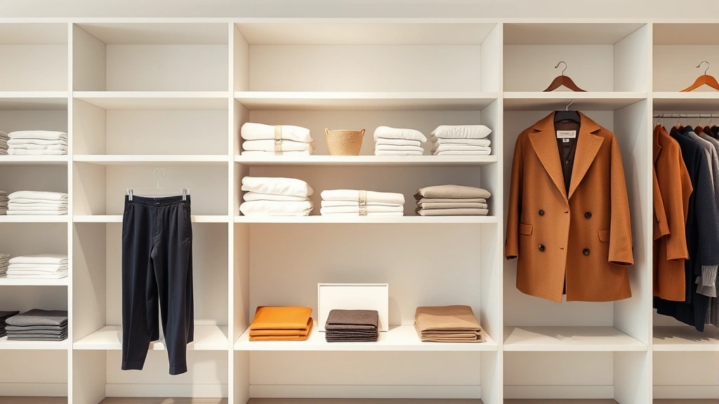 Minimalist fashion display featuring neutral clothing folded on white shelves, crisp white t-shirt, cream sweater, navy trousers, camel coat, clean modern aesthetic, soft natural lighting, luxury retail environment