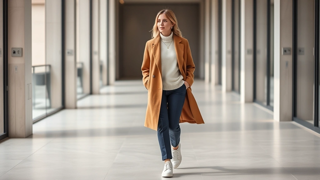 Woman wearing tailored neutral outfit: cream sweater, camel coat, navy trousers, white leather sneakers, gold jewelry, walking through modern architectural space, sophisticated minimal style, natural daylight