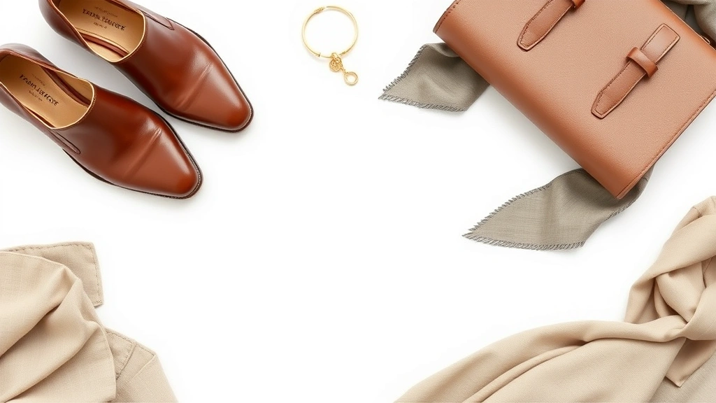 Flat lay of minimalist wardrobe essentials: quality leather shoes, structured handbag, silk scarf, gold jewelry, neutral fabrics, white background, luxury textures, professional styling composition
