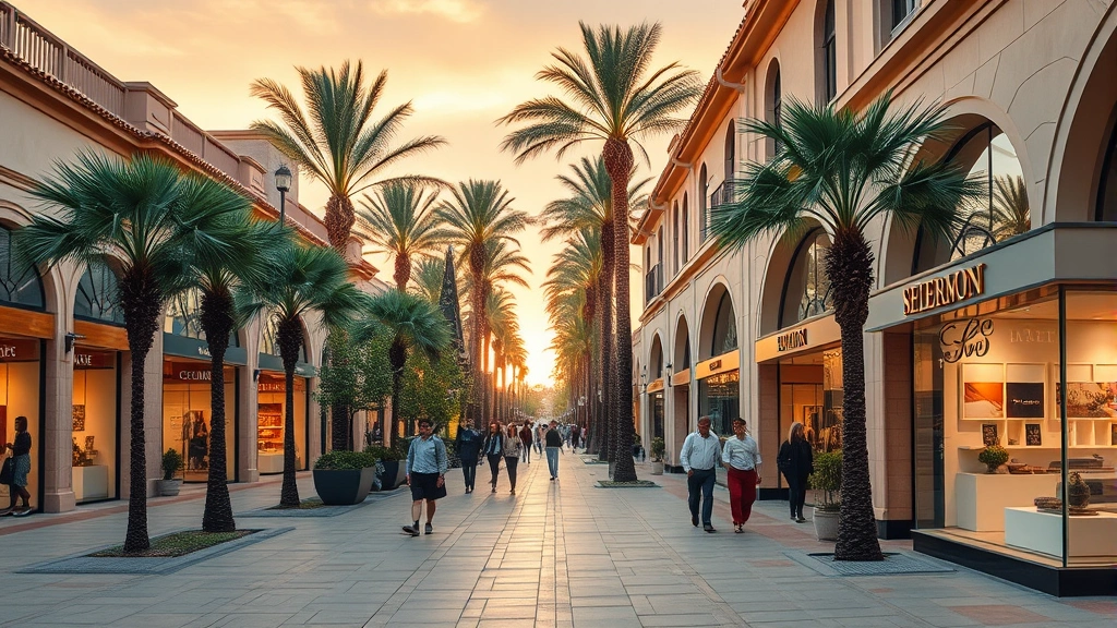 Elegant open-air shopping promenade with Mediterranean architecture, palm trees, and luxury storefronts at golden hour, upscale retail environment with tasteful window displays and well-dressed shoppers