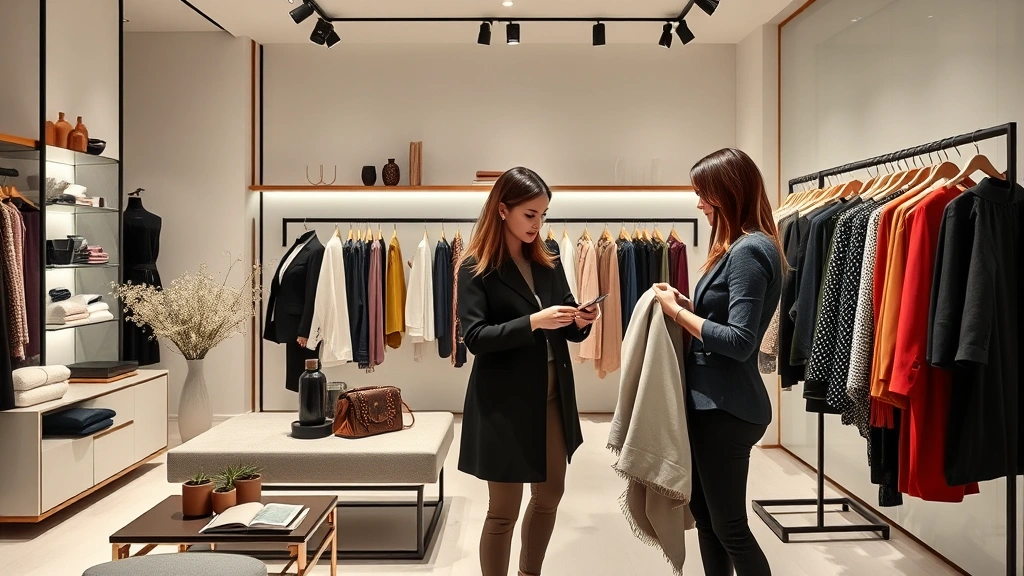 Sophisticated designer boutique interior featuring minimalist modern decor, professional styling consultation between stylist and customer examining high-end fabrics, luxury retail ambiance