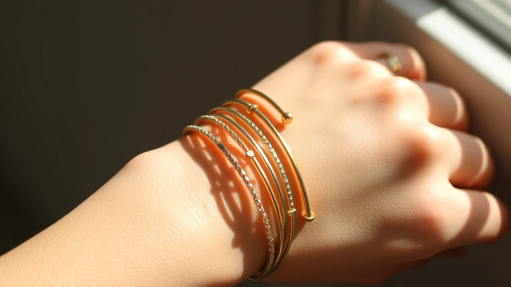 Woman's wrist displaying layered delicate gold and silver bracelets with various textures and widths stacked together, natural sunlight highlighting the metallic finishes and creating subtle shadows