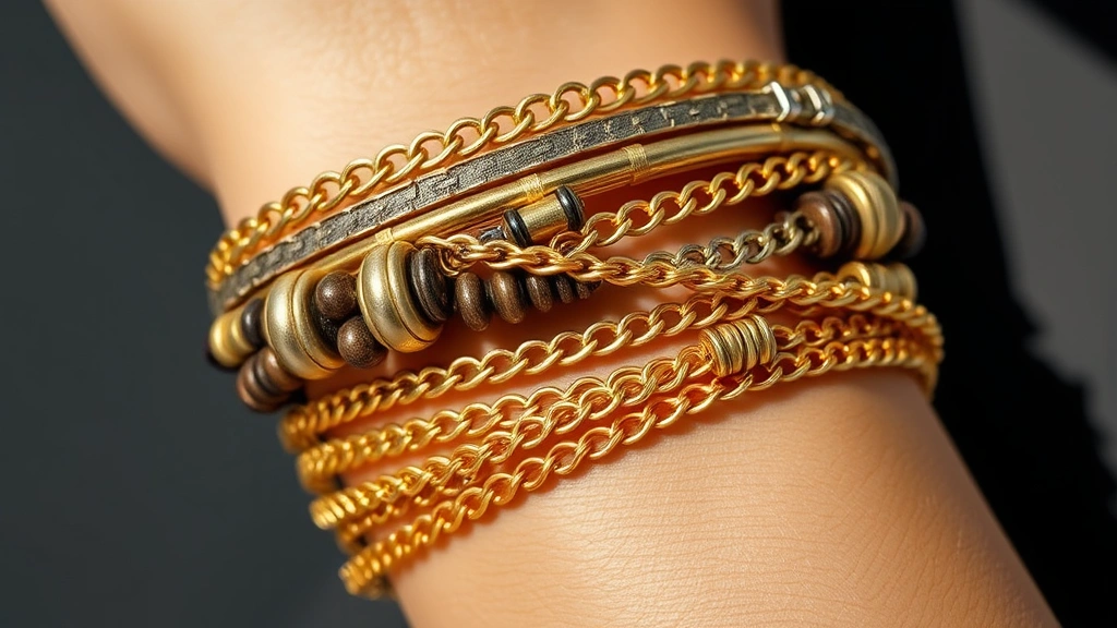 Professional close-up of layered delicate gold chains and chunky mixed-metal bracelets stacked on a wrist, showcasing texture and contrast, natural lighting emphasizing shine and craftsmanship details