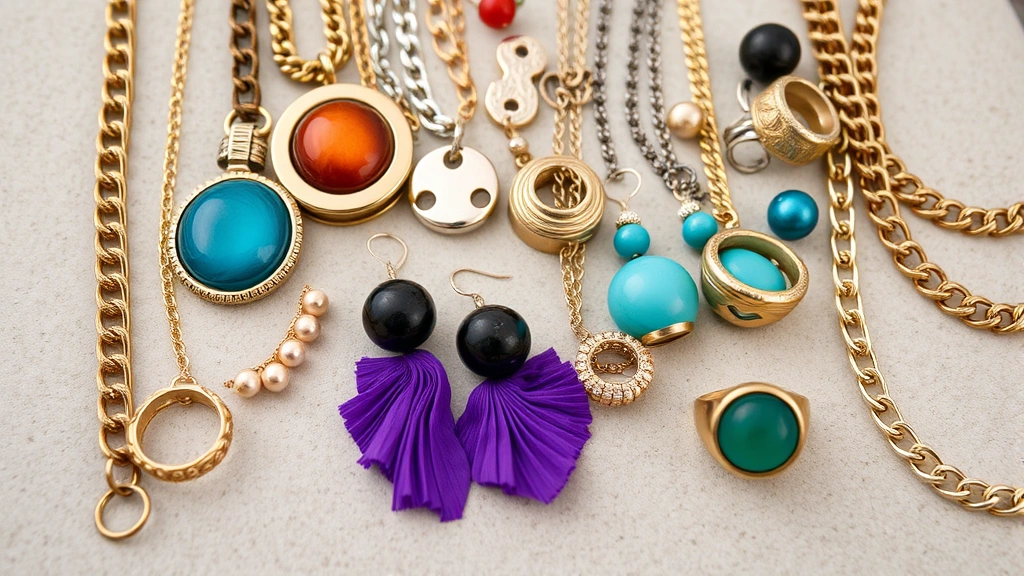 Close-up of diverse jewelry pieces arranged artfully: mixed metal necklaces, colorful statement earrings, and rings displayed on neutral surface, showcasing variety of styles and finishes