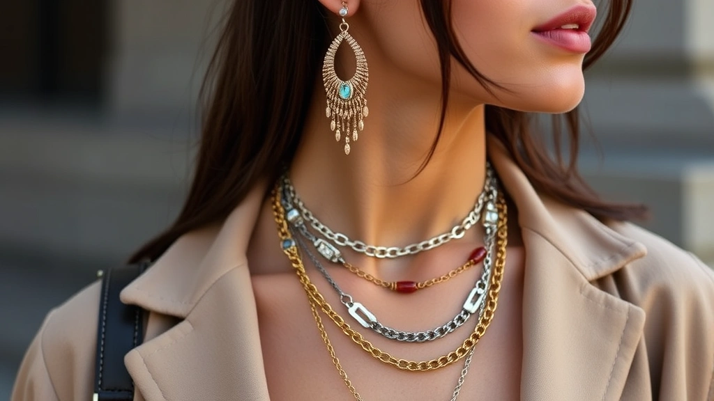Fashion-forward woman wearing mixed metal jewelry including layered necklaces and statement earrings, wearing neutral toned outfit, natural lighting highlighting jewelry details and personal style
