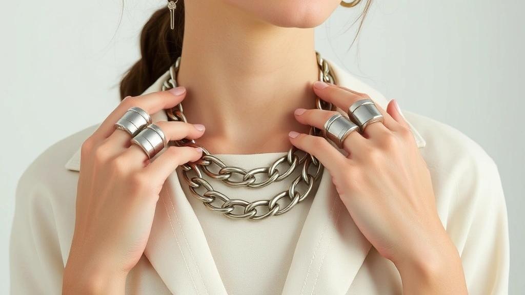 Contemporary jewellery styling scene showing statement chunky chain necklace and bold architectural metal rings worn by person in minimalist neutral clothing, demonstrating balanced proportions and visual impact
