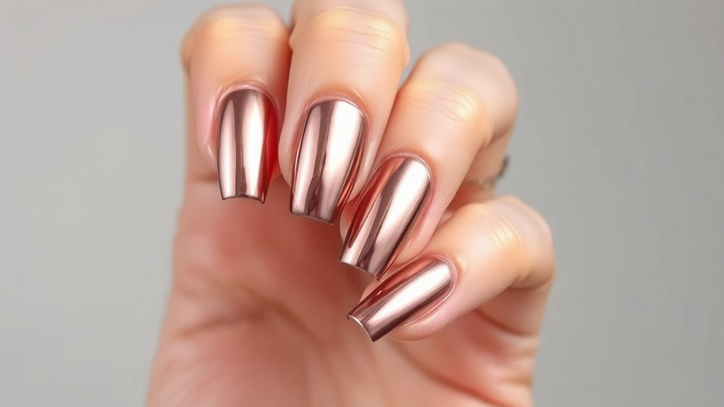 Luxurious chrome and metallic nail finish with mirror-like rose gold effect, dimensional shine, professional gel manicure, hand model against neutral background, contemporary beauty photography, trending nail art