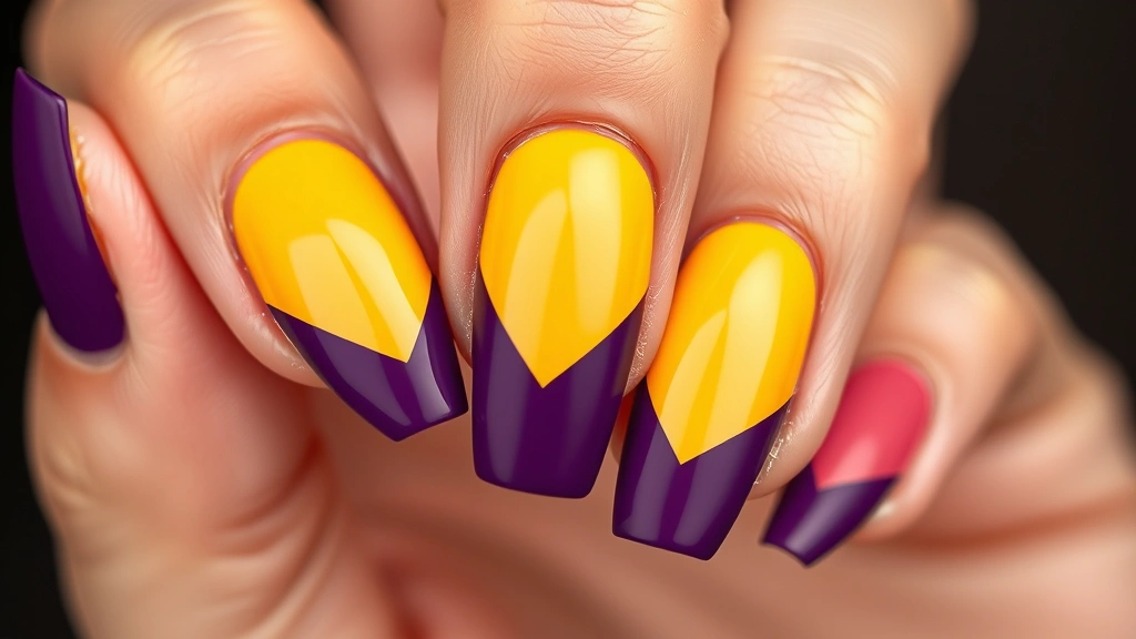 Bold color blocking nail design with contrasting mustard and deep purple geometric sections, sharp demarcation lines, artistic nail composition, professional salon quality, vibrant fashion statement, editorial style photography