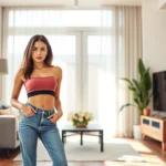 Young woman in trendy Fashion Nova crop top and high-waisted jeans standing in modern apartment, confident pose, natural sunlight, contemporary casual style, photorealistic