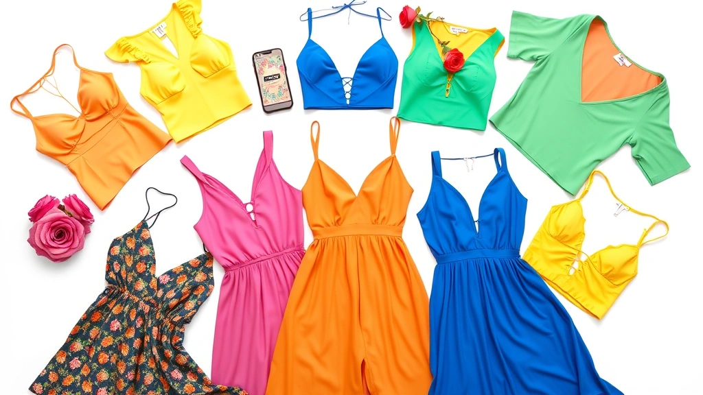 Flat lay of colorful Fashion Nova clothing items including dresses and tops arranged artfully on white background, fashion photography, vibrant colors, lifestyle styling