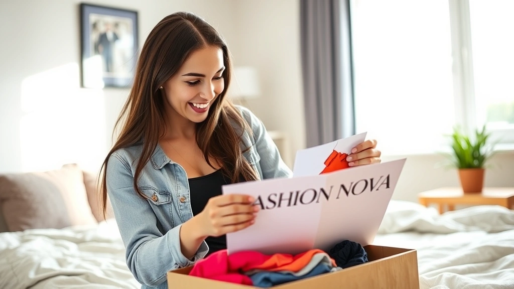 A young woman unboxing a Fashion Nova package at home, smiling while examining trendy clothing items, natural daylight streaming through window, casual modern bedroom setting, vibrant fashion pieces visible