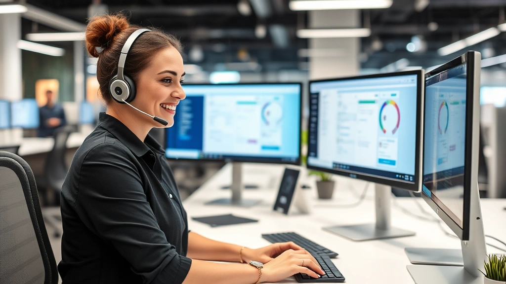 Customer service representative at modern office workspace with headset, multiple monitors showing order information and chat interfaces, professional but approachable atmosphere, helping customers with style