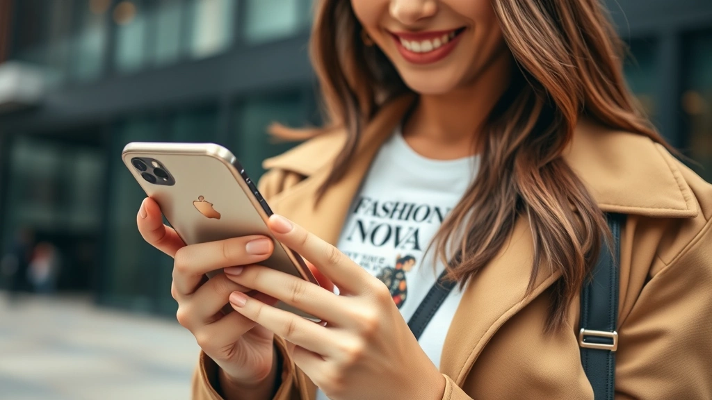 Close-up of fashion-forward woman holding her phone, browsing Fashion Nova app with satisfaction, wearing stylish outfit, natural confident expression, modern urban background slightly blurred