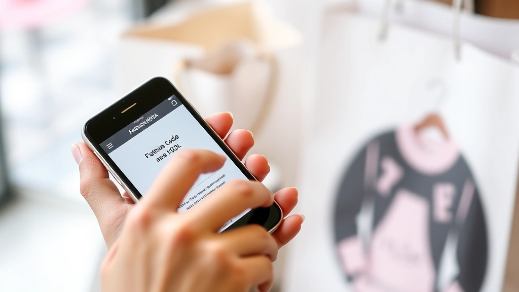 Close-up of hands holding smartphone displaying Fashion Nova app with discount code visible on screen, shopping bag and fashion items blurred in background, lifestyle photography