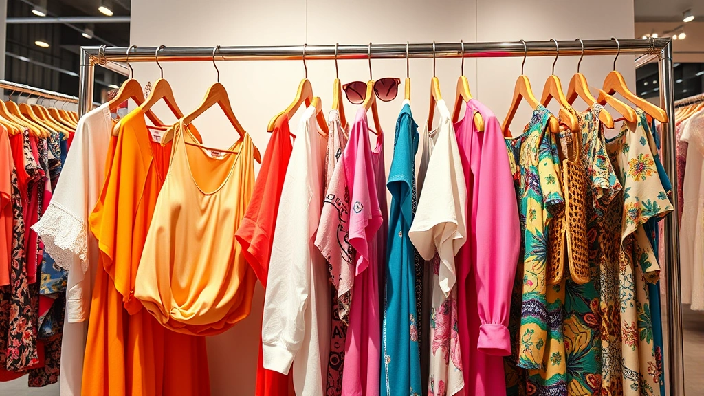 Fashion Nova clothing rack displaying summer collection pieces in vibrant colors, styled with accessories and sunglasses, boutique-style presentation with professional retail lighting