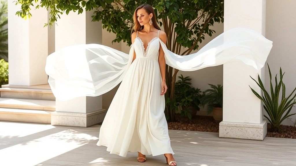 Elegant white maxi dress with flowing skirt and delicate neckline detail, styled with metallic heels and statement earrings, photographed in soft natural lighting