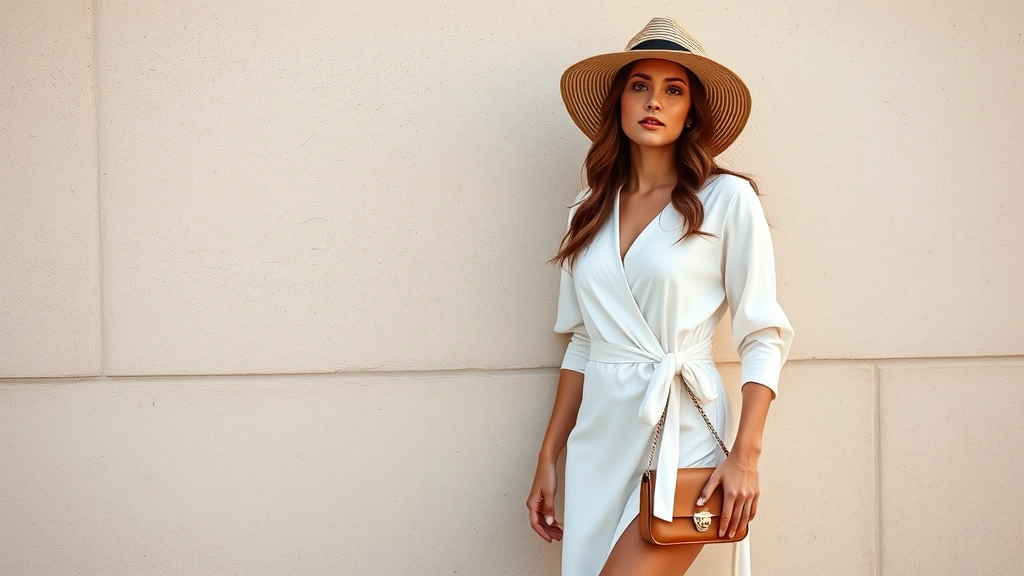 Styled white wrap dress worn with wide-brimmed hat and crossbody bag, model posing near neutral textured wall, professional fashion photography with warm natural lighting
