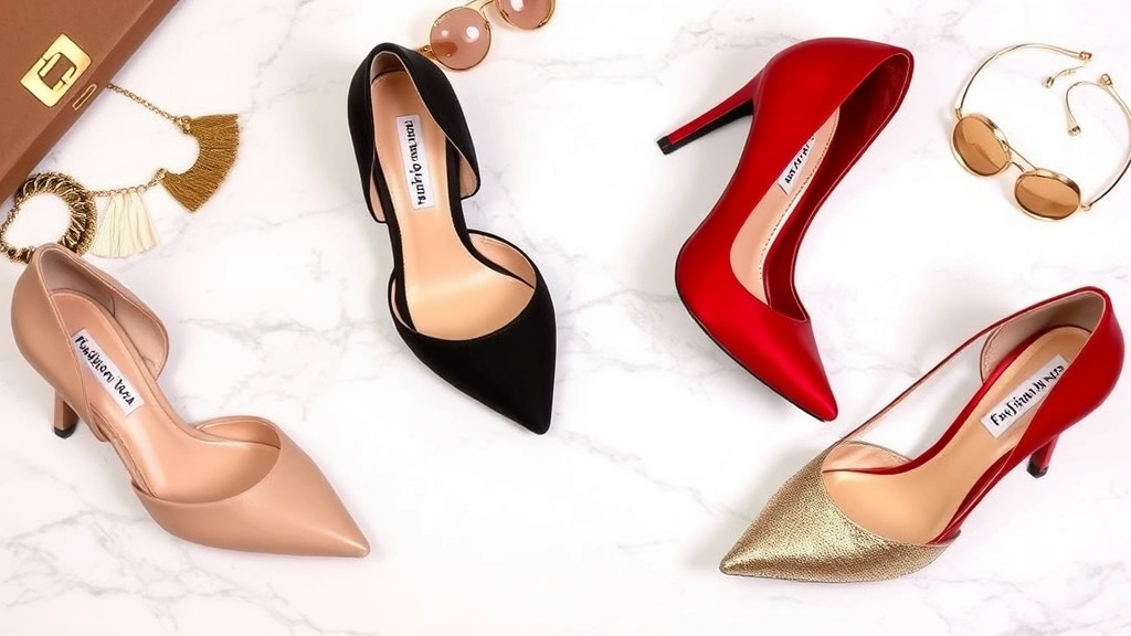 Flat lay of four different Fashion Nova-style heels in various colors including nude, black, red, and gold, arranged on marble surface with fashion accessories nearby