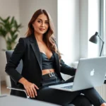 Professional woman in trendy Fashion Nova outfit sitting at modern office desk with laptop, confident pose, natural lighting, contemporary workspace with minimalist decor, fashion-forward styling