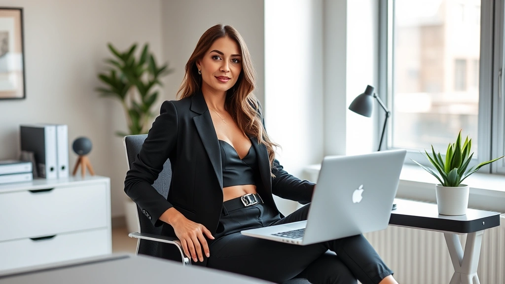 Professional woman in trendy Fashion Nova outfit sitting at modern office desk with laptop, confident pose, natural lighting, contemporary workspace with minimalist decor, fashion-forward styling