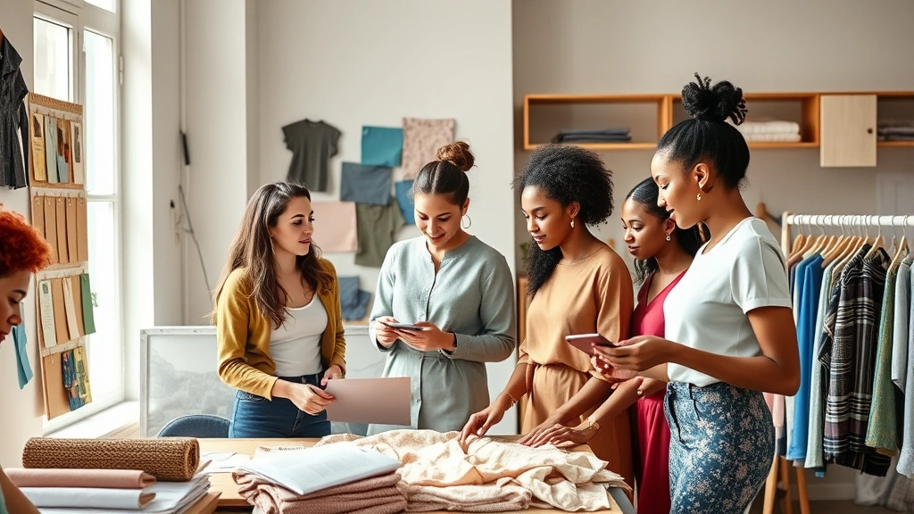 Group of diverse young professionals collaborating in bright fashion design studio, mood boards and fabric samples visible, creative energy, natural daylight, inclusive team environment