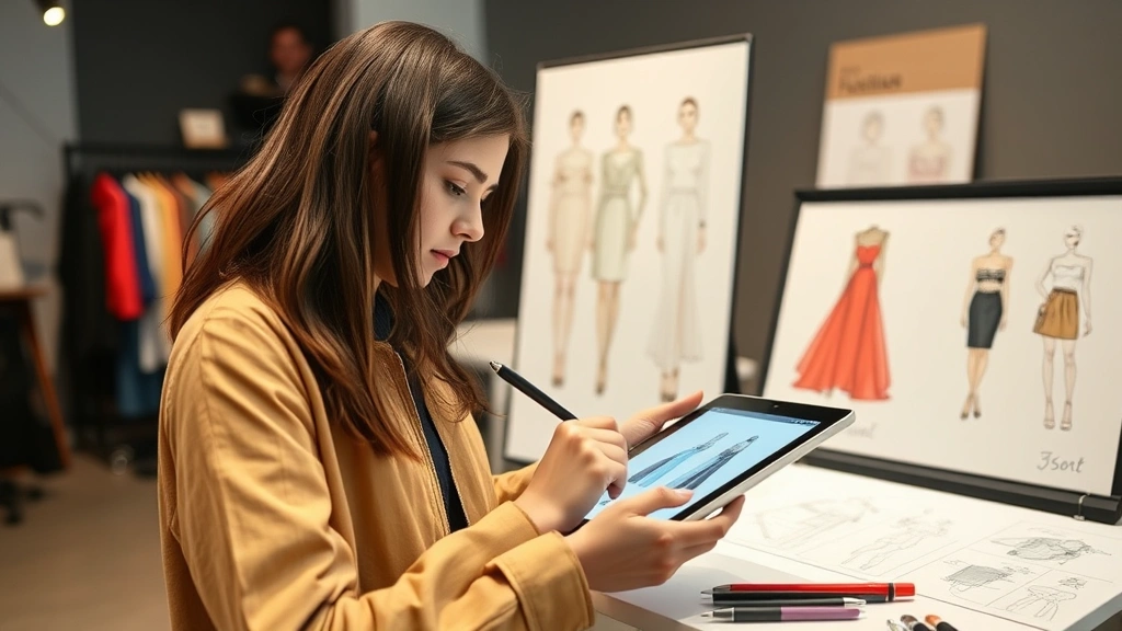Young fashion designer sketching designs on digital tablet, modern studio setting with fashion sketches displayed, focused expression, contemporary fashion industry workspace, inspirational creative atmosphere