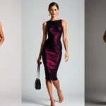 Luxury-inspired bodycon dress in jewel tones, elegant silhouette, premium fabric sheen, sophisticated styling with minimalist accessories, professional fashion photography, studio lighting, diverse model showcasing design details