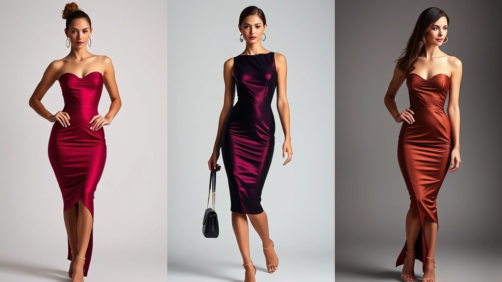 Luxury-inspired bodycon dress in jewel tones, elegant silhouette, premium fabric sheen, sophisticated styling with minimalist accessories, professional fashion photography, studio lighting, diverse model showcasing design details