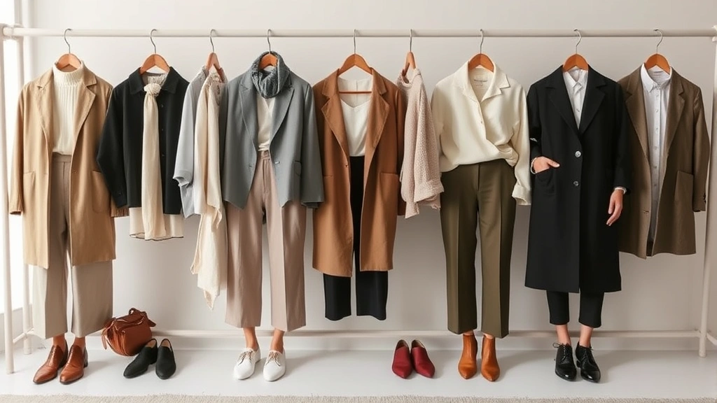 Curated capsule wardrobe display featuring premium basics, neutral tones, and versatile contemporary pieces styled for multiple occasions and settings