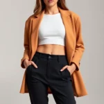 High-waisted black Fashion Nova pants styled with white crop top and oversized tan blazer, worn by woman with confident posture, studio lighting, minimalist background, professional casual aesthetic