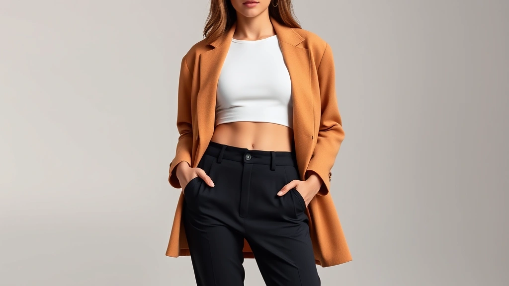 High-waisted black Fashion Nova pants styled with white crop top and oversized tan blazer, worn by woman with confident posture, studio lighting, minimalist background, professional casual aesthetic