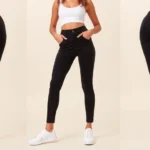 Woman wearing high-waisted black Fashion Nova-style pants with cropped white tank top and white sneakers, standing confidently against neutral background, showcasing fitted silhouette and contoured design