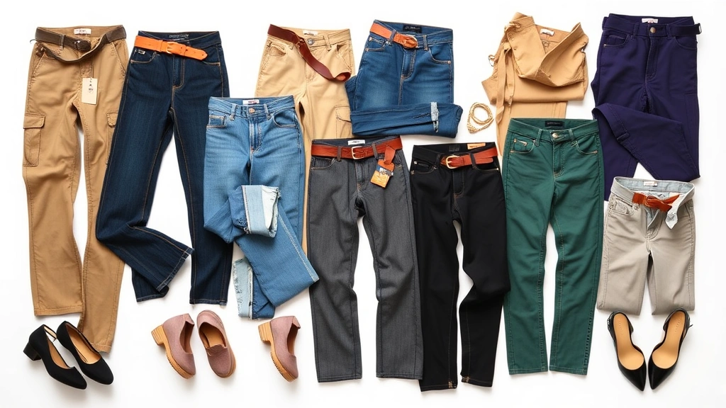 Styled flat lay arrangement of various Fashion Nova-style pants in different colors and styles including denim, cargo, and tailored options, arranged artfully with accessories like belts and shoes
