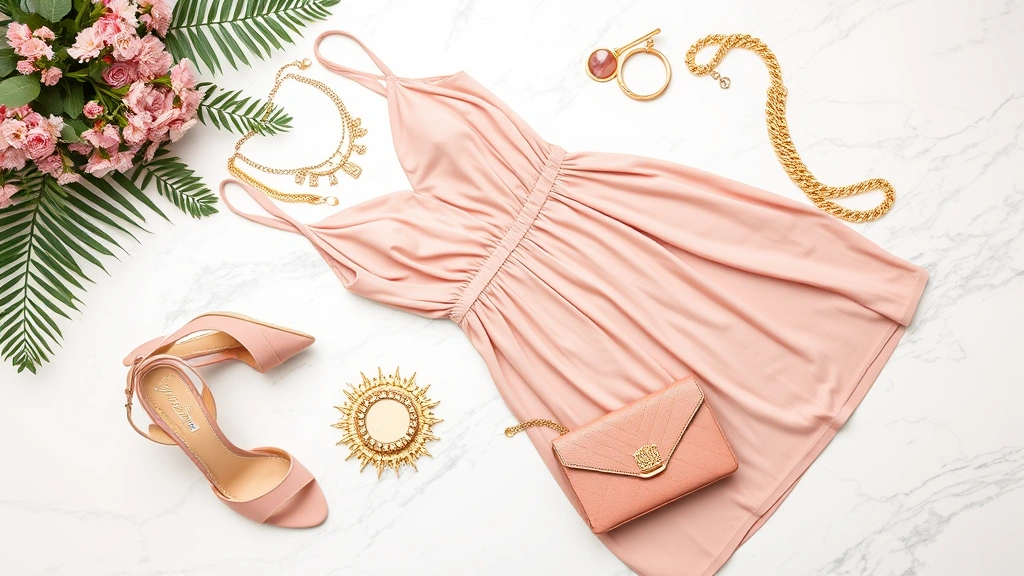 Flat lay of dusty rose pink slip dress with gold accessories, heeled sandals, and clutch arranged artfully on white marble surface, luxury styling composition