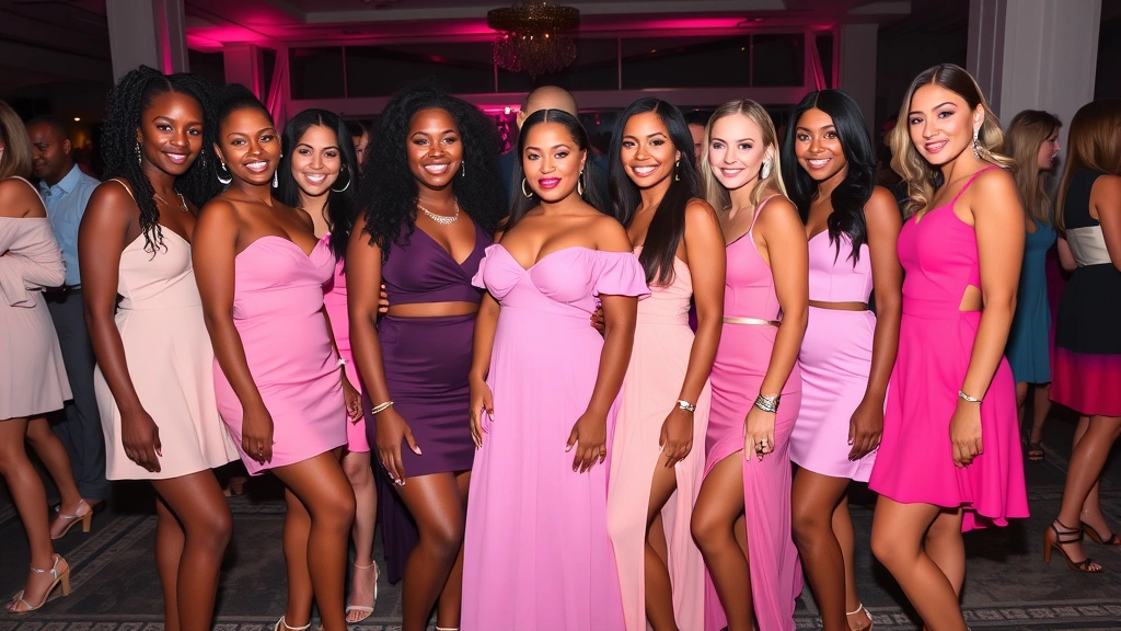 Group of diverse women wearing different Fashion Nova pink dress styles at evening event, various shades from blush to hot pink, natural lighting capturing confidence and celebration