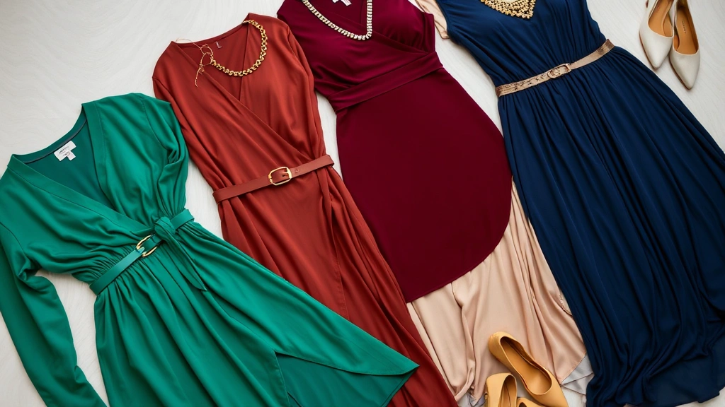 Close-up styling flat lay of Fashion Nova plus-size dress collection showing variety of colors and fabrics including emerald green wrap dress, burgundy bodycon, navy maxi, and neutral pieces arranged artfully with accessories like belts, jewelry, and shoes nearby
