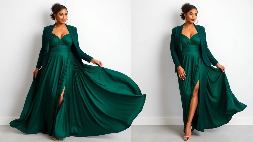 Plus-size woman in an elegant emerald green maxi dress with flowing fabric, paired with a structured blazer and statement earrings, posed elegantly against minimalist backdrop, showcasing evening styling sophistication and confidence