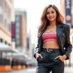 Young woman wearing bold Fashion Nova outfit with confidence, vibrant colors, trendy crop top and high-waisted pants, urban street style setting, natural daylight, radiant smile