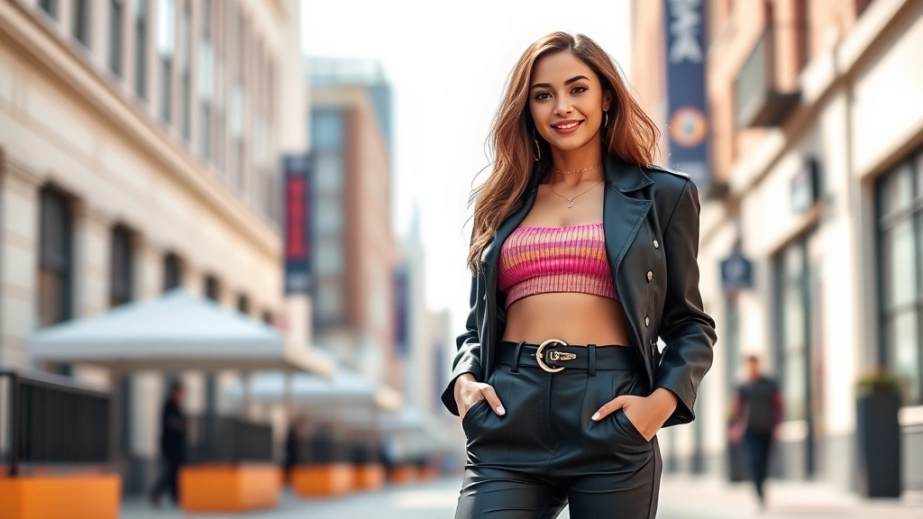 Young woman wearing bold Fashion Nova outfit with confidence, vibrant colors, trendy crop top and high-waisted pants, urban street style setting, natural daylight, radiant smile
