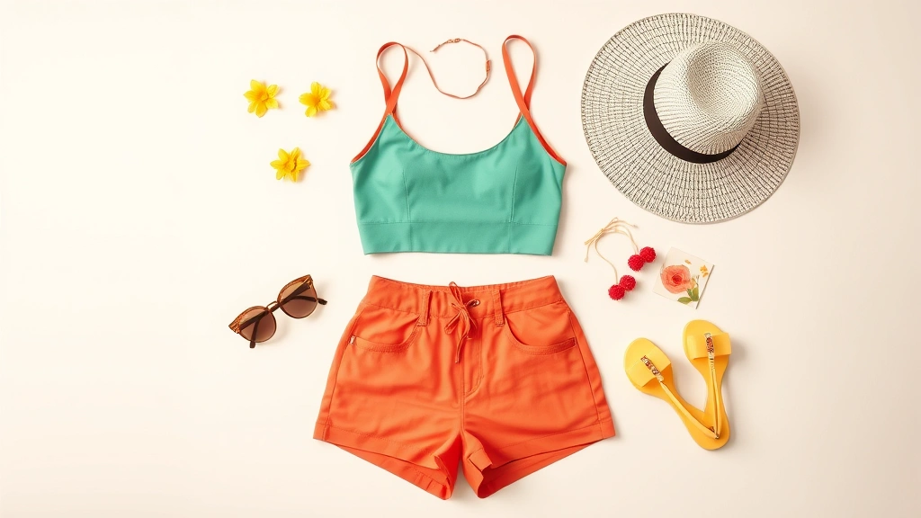 Flat lay of colorful summer fashion pieces including crop top, shorts, and accessories arranged artistically on neutral background, bright May seasonal clothing, lifestyle photography
