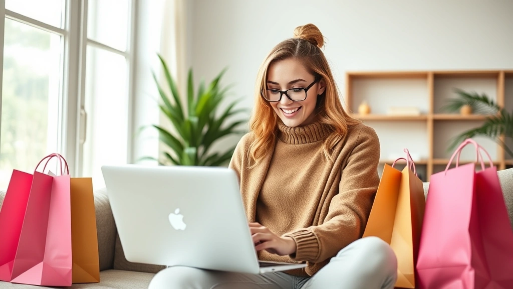 Fashion-forward woman shopping online on laptop with shopping bags nearby, excited expression, modern minimalist home interior, digital shopping experience aesthetic, natural lighting